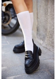 Resim Agatha Siyah Hakiki Deri Kalın Tabanlı Kadın Loafer Siyah 