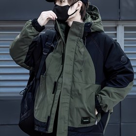 Resim Erkek Zeytin Yeşili Kapüşlu İş Ceketi - Rahat Fermuarlı Rüzgarlık, Yansıtıcı Şeritler, Gevşek Fit Bahar ve Sonbahar Ceketi, Rüzgarlık Ceket 