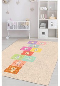 Resim Homshtag Seksek Bej Renk Dokulu Rustik Çocuk Halısı Sek Sek Temalı Halı Çok Renkli 