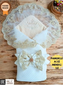 Resim Tomuycuk Triko Örgü Bebek Kundağı - Pamuklu & Dantelli Yenidoğan Bebek Battaniyesi Ekru 