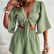 Resim Tek Renk Dokulu İki Parçalı Takım, Bahar & Yaz için Rahat Bağcıklı Crop Top & Elastik Bel Şort Kıyafetleri, Kadın Giyim 