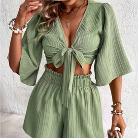 Resim Tek Renk Dokulu İki Parçalı Takım, Bahar & Yaz için Rahat Bağcıklı Crop Top & Elastik Bel Şort Kıyafetleri, Kadın Giyim 