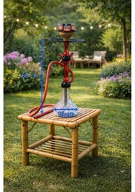 Resim Lüks Cam Nargile Takımı 60 Cm Kırmızı Metal Gövde, Şeffaf Cam Taban 16 Cm, Bahçe Balkon Teras Kullanımına Uygun 