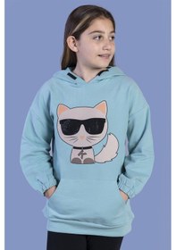 Resim Toontoy Kız Çocuk Kedi Desenli Taş İşlemeli Kanguru Cepli Sweatshirt Yeşil 