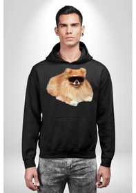 Resim Pomernian Köpek Kadın Erkek Siyah Kapüşonlu Sweatshirt Hoodie Siyah 