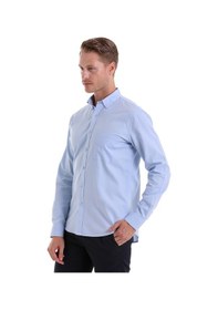 Resim Hatemoğlu Mavi Comfort Fit Düz 100% Pamuk Düğmeli Yaka Uzun Kollu Casual Ox Mavi 