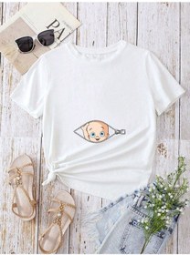 Resim Hamile Gebe T-shirt Bebek Fermuar Baskılı - Beyaz Bisiklet Yaka Oversize Tişört 