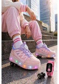 Resim Muggo Skate Çocuk Işıklı Patenli Tekerlekli Sneaker Spor Ayakkabı Pudra 