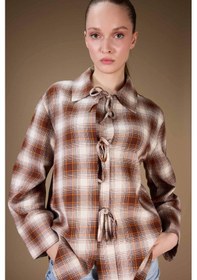 Resim Defacto Regular Fit Dama Desenli Flanel Önden Bağlamalı Uzun Kollu Tunik G1382ax25wnbn341 Kahve-bn341 