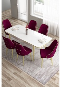 Resim Canisa Tia Serisi, Siyah Mermer Desen 80x132 Açılabilir Mdf Yemek Odası Takımı 6 Mürdüm Sandalye Gold Detay Masa Beyaz Sandalye Mürdüm 