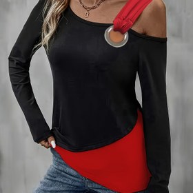 Resim Kadınlar İçin Seksi Tek Omuz Üst - Siyah & Kırmızı Renk Bloklu Uzun Kollu Metalik Detaylı, Şeffaf Olmayan Zarif Parti Elbisesi, Günlük ve Özel Günler İçin - Makinede Yıkanabilir Moda Giyim, Sonbahar Stili, Omuz Açık Tasarım, Şeffafsız Kumaş 