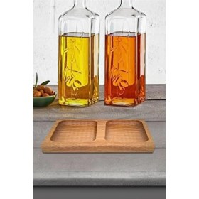 Resim Mediterian İki Bölmeli Ahşap Yağ ve Sirke Standı, Kare Taban, Kahverengi, 1 L 