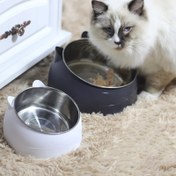 Resim 2'si 1 Arada Paslanmaz Çelik Kedi Kasesi ve Tutucu, Sevimli Kulak Tasarımlı Kedi Yatay Yemek Kasesi ve Su Kabı, Boyun Omurgası Koruma için 
