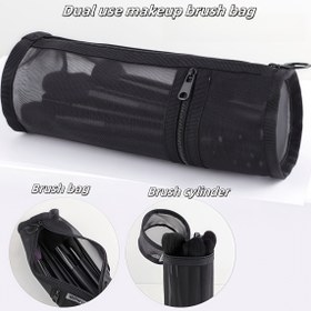 Resim Çift Kullanımlı Polyester Mesh Makyaj Fırçası Saklama Çantası, Taşınabilir Fermuarlı Kalem Kılıfı, Büyük Kapasiteli Seyahat Fırça Tutucu, Kokusuz, Baskısız - Siyah 