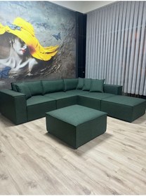 Resim Erduran Mobilya Angelo 4 Modül + 2 Puf Köşe Koltuk Takımı (6 Modül) Babyface Kumaş Yeşil Sırt Minderli 