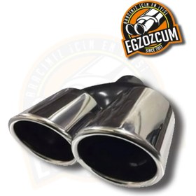 Resim Egzozcum 90 mm Paslanmaz Krom Sol Çift Çıkış Eğimli Kesim Yuvarlak Sessiz Egzoz Ucu Eksoz Çıkışı 1 Adet 