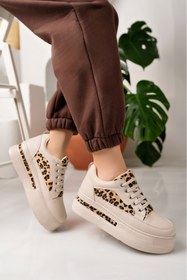 Resim moda sara Bej Leopar Desenli Yüksek Tabanlı Kadın Ayakkabı 