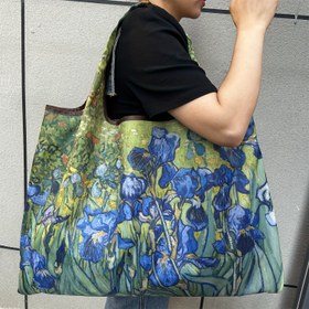 Resim Büyük Kapasiteli Taşınabilir Alışveriş Çantası Hafif Katlanabilir Iris Yağlı Boya Tarzı Alışveriş Çantası Tek Omuzlu El Çantası Büyük Tote 