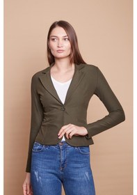 Resim Yakalı Flato Cepli Uzun Kol Pamuklu Kumaş Kısa Blazer Ofis Ceket -haki Haki 