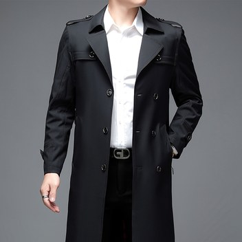 Erkek Şık Çift Düğmeli Trençkot - Uzun Kollu, Düğmeli, Düz Siyah, Günlük Geziler ve Partiler için Mükemmel, Bahar/Sonbahar Giyimi, Şık Yaka, Dayanıklı Kumaş
