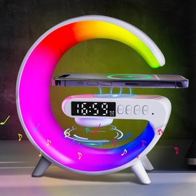 Resim Çok Fonksiyonlu Kablosuz Hoparlör Güneş Doğuşu Alarmı, RGB Ritim Işıkları ve Hızlı Şarj ile - Yatak Odaları için İdeal Uyanma Masa Lambası-Siyah Beyaz 