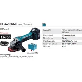 Resim Makita Dga452Rmj 115 Mm Lityum Akülü 18 Volt Avuç Taşlama Makinası 115 Mm 