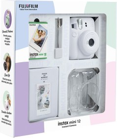 Resim Fujifilm Instax Mini 12 Fotoğraf Makinesi + 10'lu Film + Simli Pleksi Kılıf + Pvc Albüm + Kıskaçlı Resim Standı Beyaz 