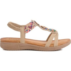 Resim Bej Hakiki Deri Taş İşlemeli Hafif Kadın Sandalet B096 Z Bej 