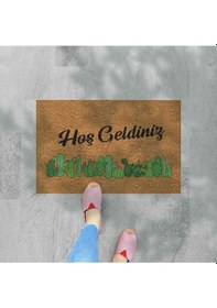 Resim Renkli Kaktüsler Temalı Coco Görünümlü Dekoratif Kapı Önü Ve Iç Mekan Paspası Yıkanabilir Nem Alıcı Mavi 