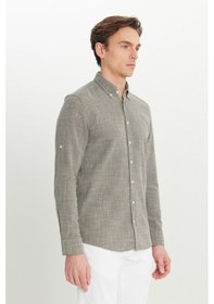 Resim AC&Co / Altınyıldız Classics Erkek Hakı %100 Pamuk Flamlı Slim Fit Dar Kesim Düğmeli Yaka Armürlü Gömlek Haki 