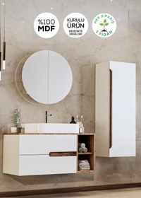 Resim BALNEOM Koza Beyaz Demonte 80 Cm Banyo Dolabı Ayna Lavabo Boy Dolabı 