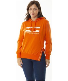 Resim Kadın Büyük Beden Oranj Taş ve Baskı Detaylı Kapşonlu Yan Yırtmaçlı Sweatshirt 65n36867-oranj Turuncu 