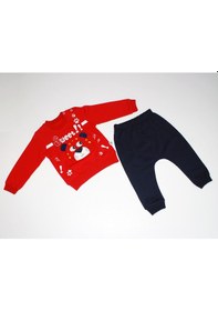 Resim Erkek Bebek Ayıcık Desenli İkili Takım Pamuklu Kırmızı - Siyah 