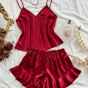 Resim Kadınlar için Pembe Saten İki Parçalı Pijama Takımı - Dantel Kenar, Kıvrımlı Bel, V-Yaka Atlet ve Şort, Tüm Mevsimler İçin Rahat Tasarım, Romantik Sevgililer Günü Dizaynı, Dantel Kenarlı Şort, Pembe Dantel Kenarlı Şort, Pijama Takımı 