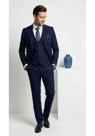 Resim Erkek 3 Parça Slim Fit Takım Elbise Klasik Likralı Kumaş, Tek Düğme, Çift Yırtmaçlı Modern Kesim Ceket Yelek Pantolon Lacivert 