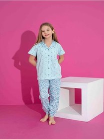 Resim Kız Çocuk Önden Düğmeli Kalp Desenli Mavi Pijama Takımı-1265 Mavi 