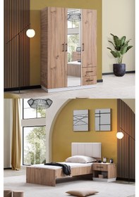 Resim Genç Odası Efes 3 Kapaklı Dolap,karyola,komodin Ceviz Krem Ceviz 