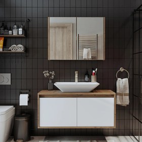 Resim Roomart Tm7.2 Ayaksız 2 Kapaklı Lavabolu Ahşap-Mat Beyaz Mdf 100 cm Banyo Dolabı + Aynalı Banyo Üst Dolabı 