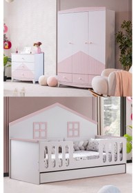 Resim Bello Çocuk Odası Takımı, Bello Yavrulu Karyola, Fethiye 3 Kapaklı Dolap, Şifonyer - Pembe Renkli 