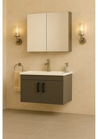 Resim Luna 65 Cm Ahşap Camlı Üst Modül Ve Seramik Lavabolu, Mdf Banyo Dolabı Takımı Antrasit 