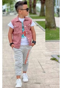 Resim Riccotarz Erkek Çocuk Kaplan Detaylı T-shirt Sırt Baskılı Kolsuz Pudra Jean Ceket Kargo Cepli Alt Üst Takım Pudra 