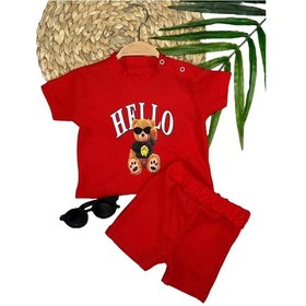 Resim 9-12-18-24 Ay Hello Gözlüklü Ayıcık Baskılı Şortlu Kısa Kollu Tişört 2li Erkek Bebek Takımı Kırmızı 