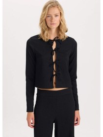 Resim DeFacto Regular Fit Bisiklet Yaka Basic Düz Bürümcük Uzun Kollu Önden Bağlamalı Hırka D6296AX24AUBK81 Siyah 