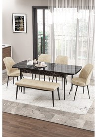 Resim Canisa Concept Zen Serisi 80x132 Mdf Açılabilir Siyah Mermer Desen Masa Takımı 4 Krem Sandalye Ve 1 Bench Masa Siyah Mermer Sandalye Ve Bench Krem 