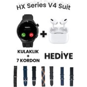 Resim Hx Series V4 Suit Yuvarlak Akıllı Saat 7 Kordon ve Kulaklık Hediyeli Akıllı Saat 