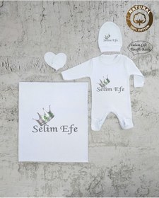 Resim yzc home size dair... E67 Bt Isimli Erkek Bebek Battaniye Tulum Şapka Eldiven Set Hastane Çıkışı %100 Pamuk 