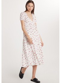 Resim Tudors Kadın Slim Fit Dar Kesim Kısa Kollu Baskılı Gofre V Yaka Beyaz Elbise-33538 Beyaz - Pembe 