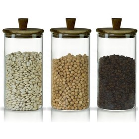 Resim 3'lü Silindirik Sap Akasya Kapaklı 1500ml Yüksek Borosilikat Cam Saklama Kavanozu Şeffaf 