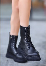 Resim Bağcıklı Topuklu Bot Siyah Topuk Boyu 5 Cm Siyah 