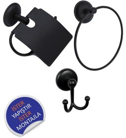 Resim Softy Banyo Aksesuarları - Siyah - Kapaklı Tuvalet Kağıtlık Yuvarlak Havluluk Ikili Bornoz Askısı 